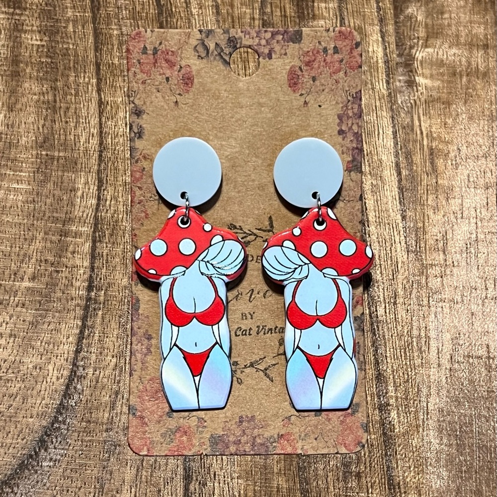 Sultry Pinup Mushroom Earrings - Red and White